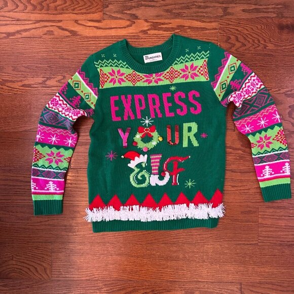 Christmas Express Your Elf Campy Women's Christmas Crewneck Sweater Size Large - Picture 12 of 13